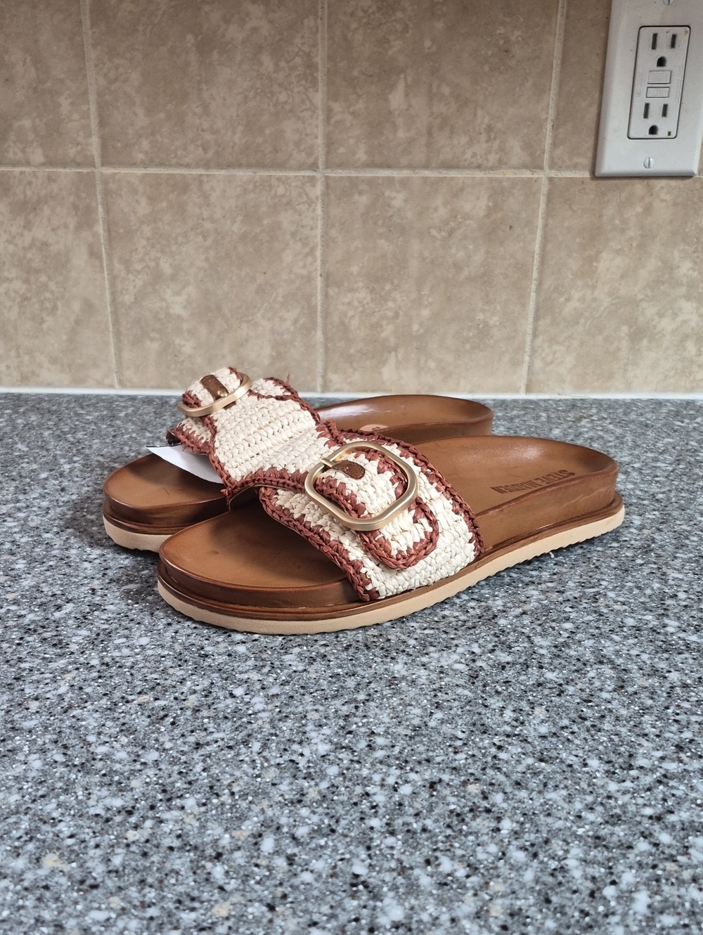 Steve Madden Woven Buckle Slide Sandals in Cream and Tan - Picture 1 of 6